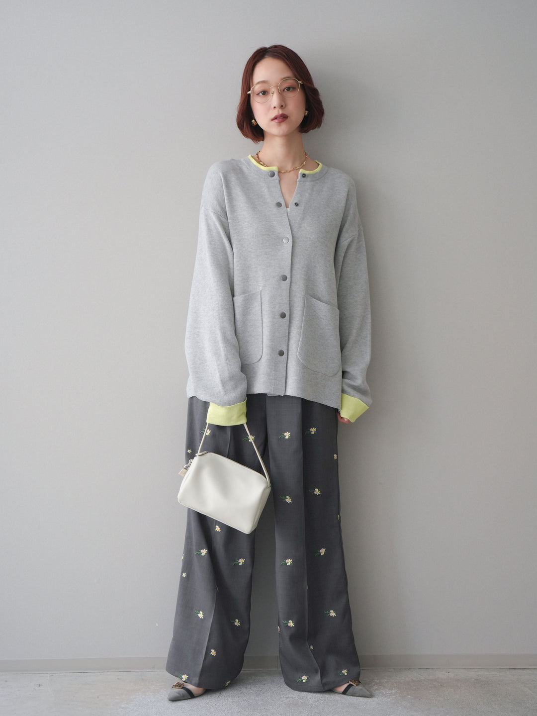 [予約]フラワー刺繍タックパンツ/gray