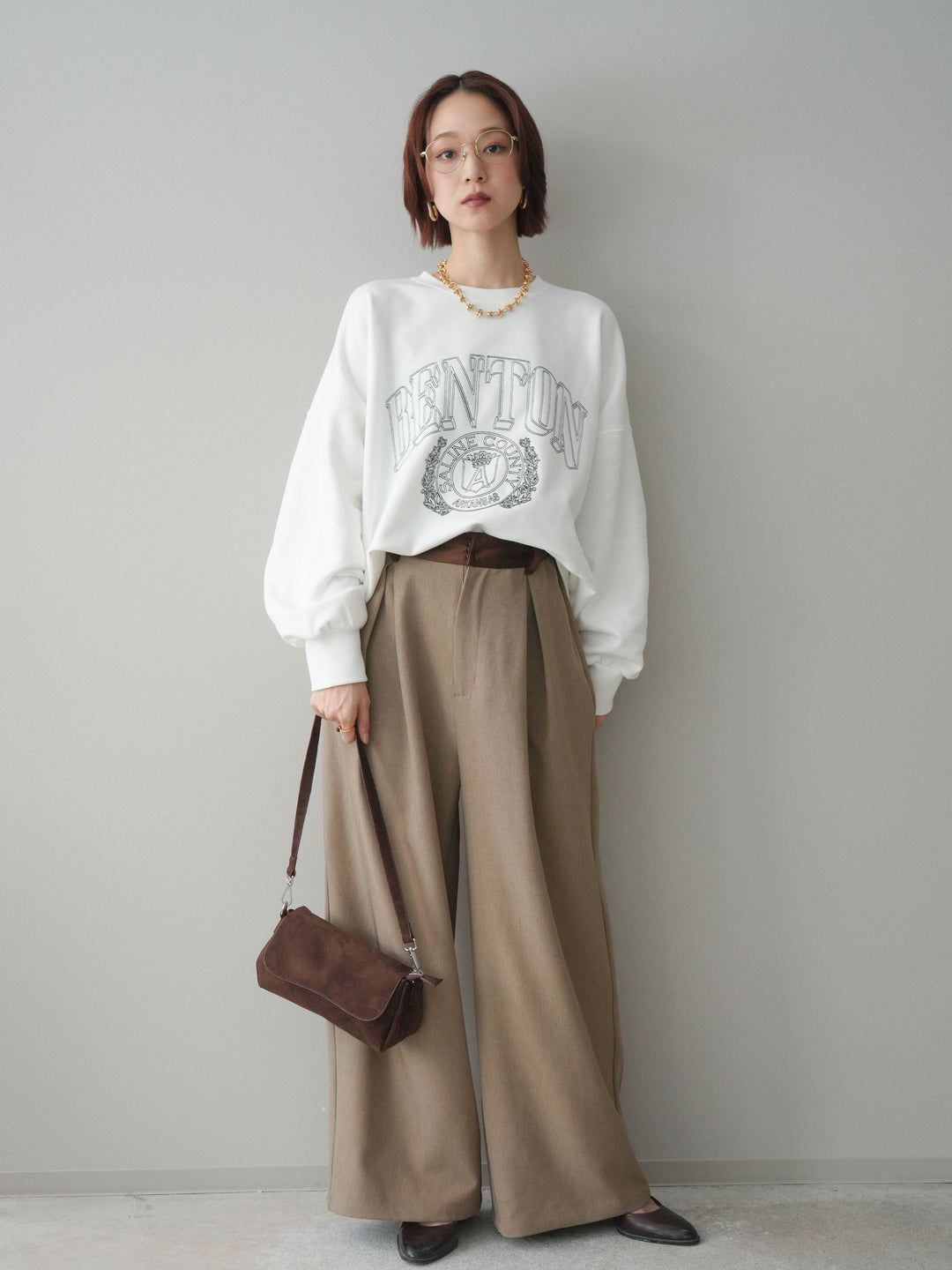 [予約]サテンベルトタックワイドパンツ/beige