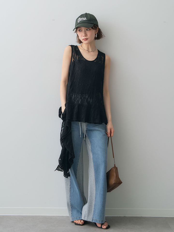 [予約]ラッフルレースアシメペプラムノースリトップス//black