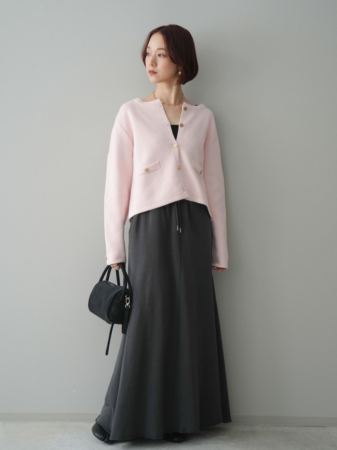 [予約]ゴールドボタンノーカラーニットジャケット/pink