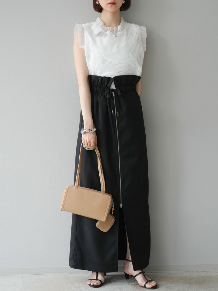 [SET]チュールジャガードノースリブラウス+ヘザーエステルギャザージップスカート(2set)