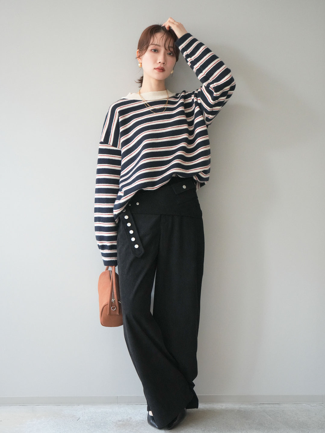 [予約]モックネックボーダーニットプルオーバー/navy