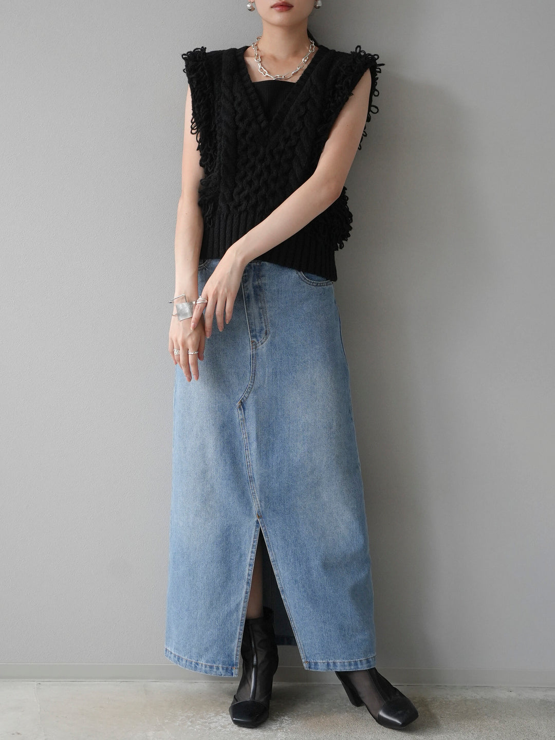 [予約]ループミックス編みニットベスト/ブラック