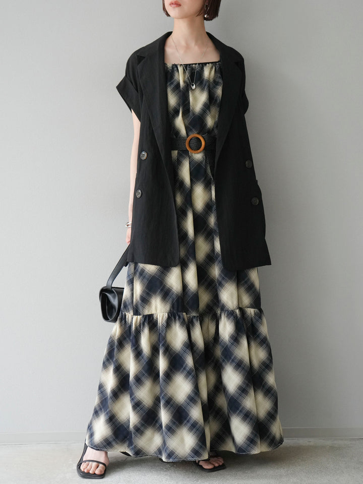 [SET]ベルト付チェックノースリーブワンピース+リネンライクノースリーブダブルジレ(2set)