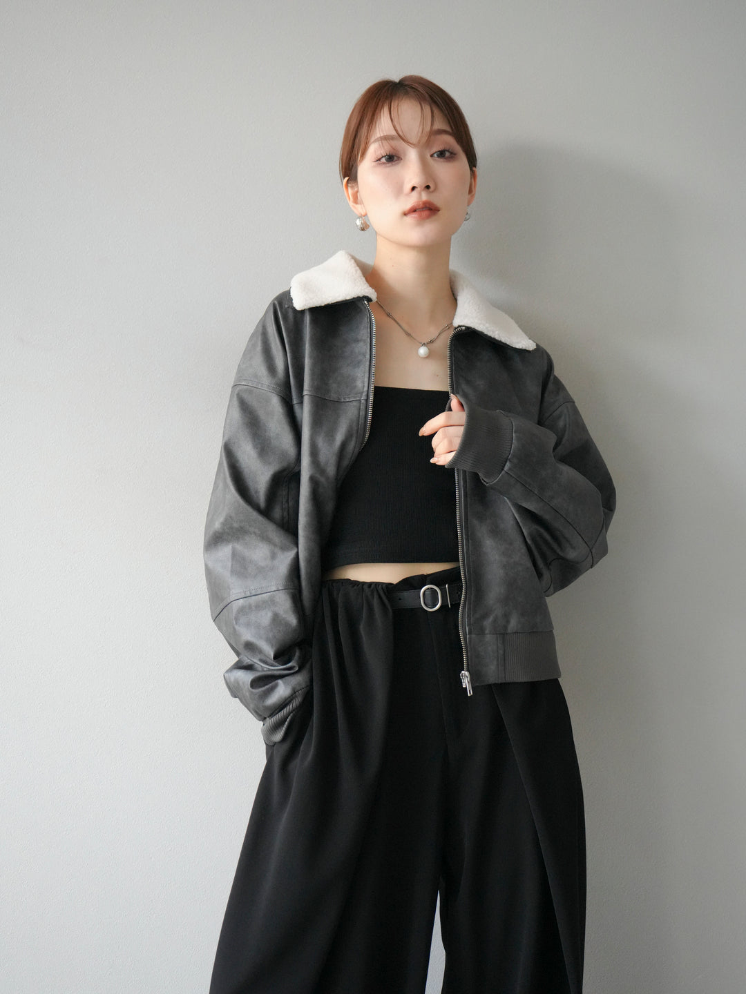 [予約]襟ボアヴィンテージレザーブルゾン/ブラック