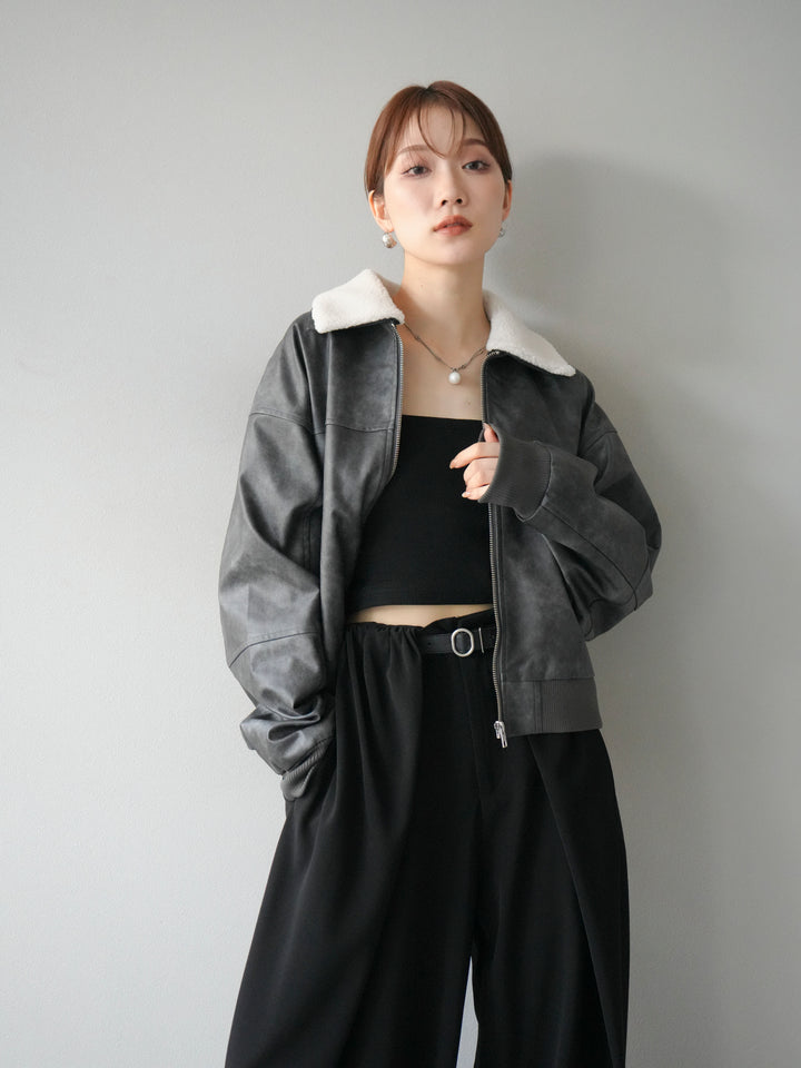 [予約]襟ボアヴィンテージレザーブルゾン/ブラック