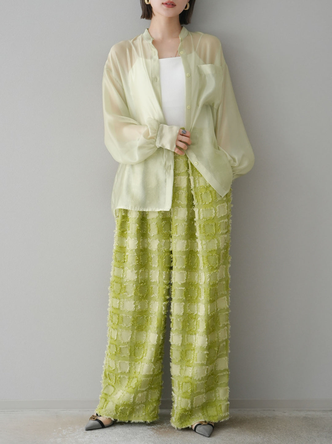 [預訂] 流蘇格紋提花長褲/綠