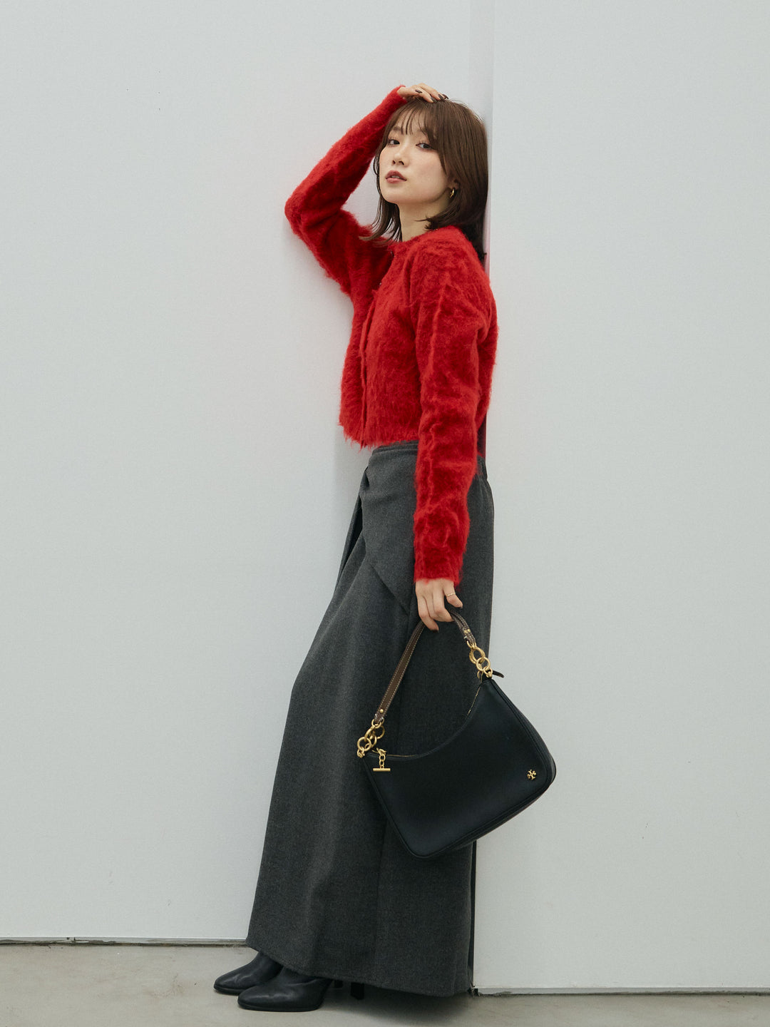 [予約]モヘアタッチクロップドニットプルオーバー/red