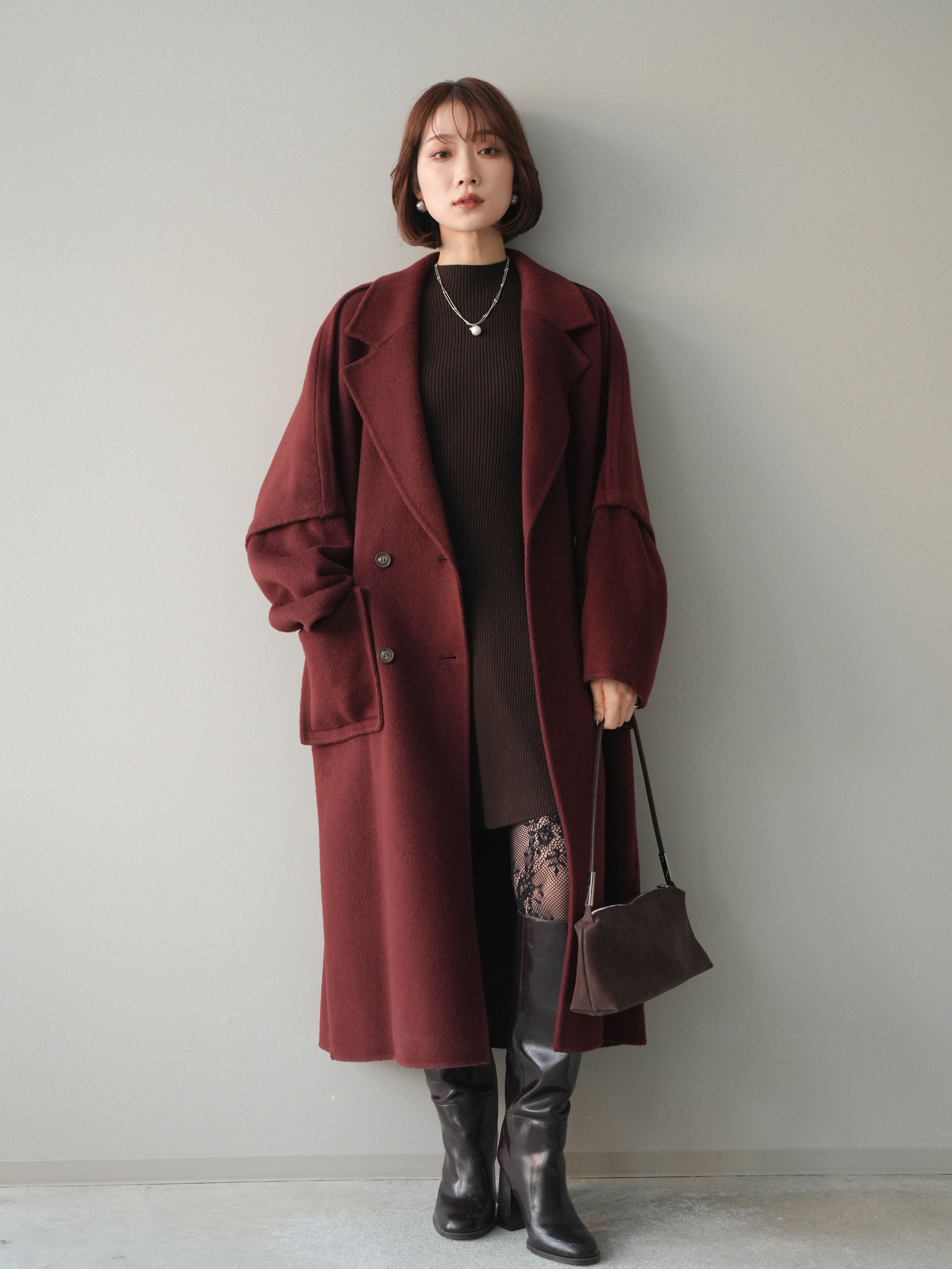 SET]フレアリブニットミニワンピース+カシミヤダブルブレストロング