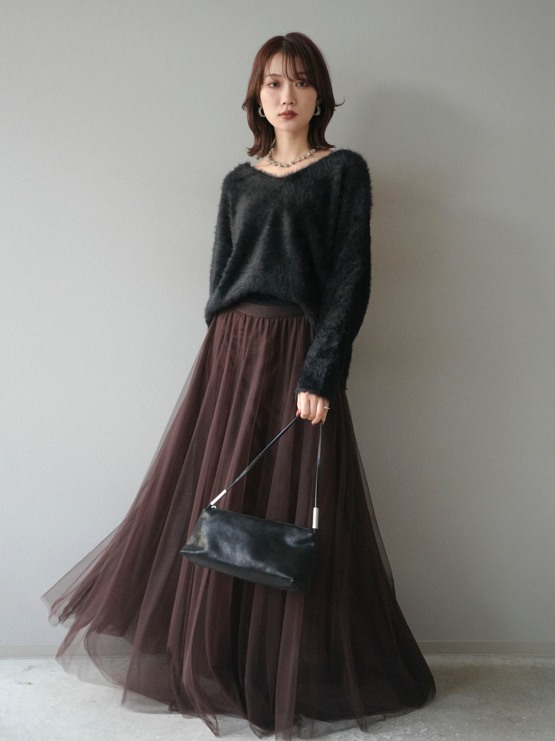 [SET]バックリボンVネックシャギーニットプルオーバー+チュールボリュームスカート(2set)