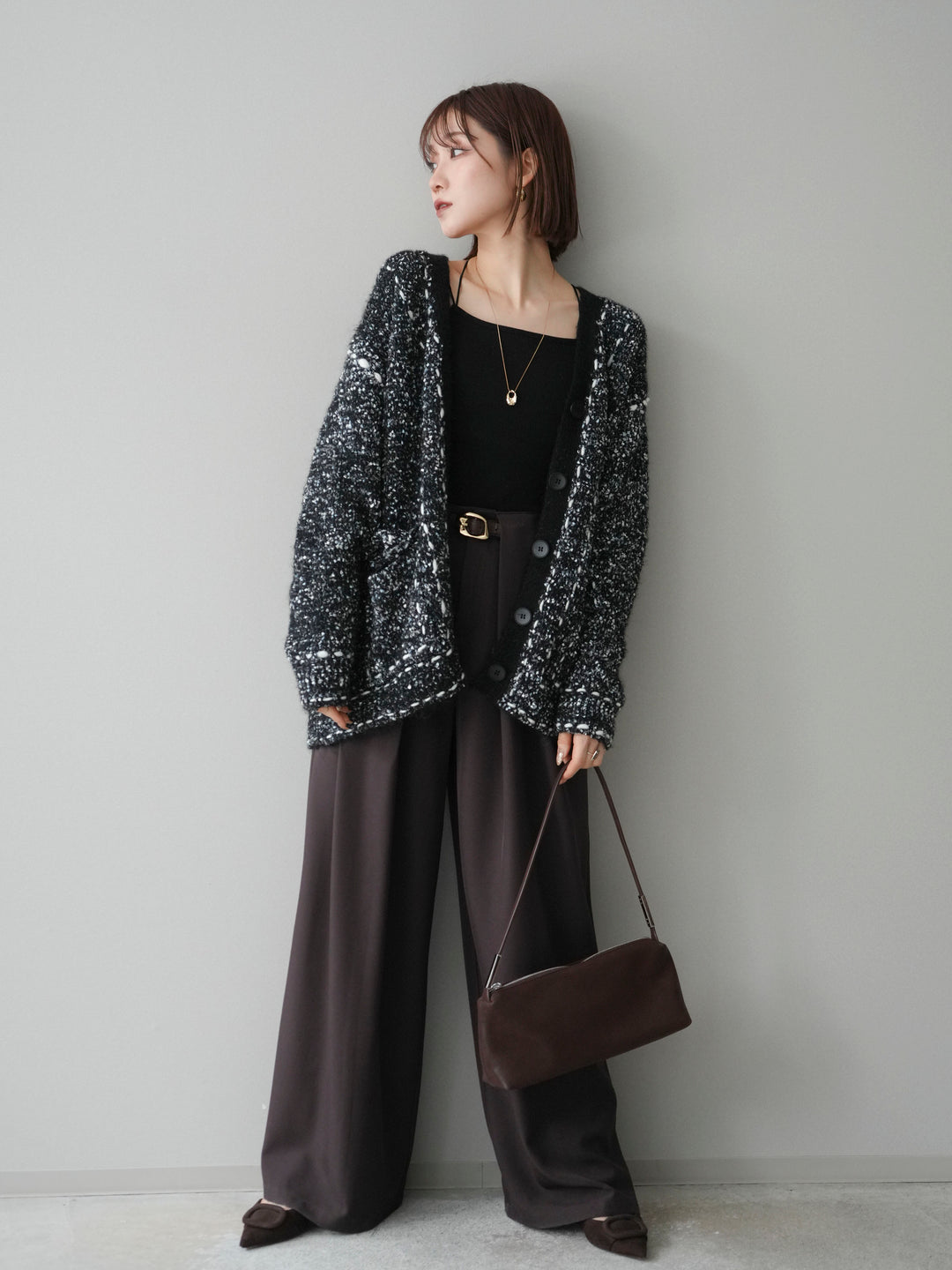 [予約]ブークレハンドステッチニットカーディガン/black