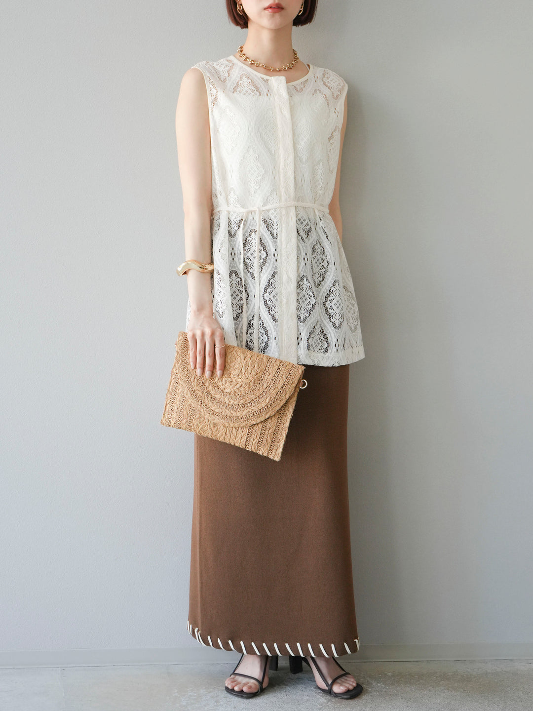 [予約]リネンタッチハンドステッチニットタイトスカート/モカ