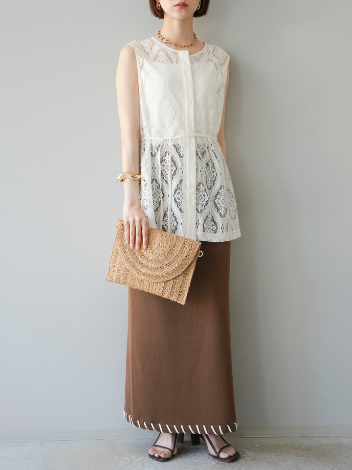 [予約]リネンタッチハンドステッチニットタイトスカート/モカ