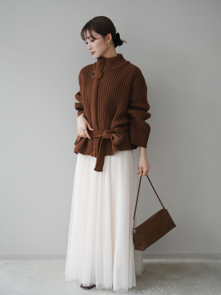 [SET]畦編みボトルネックZIPニットカーディガン+チュールボリュームスカート(2set)