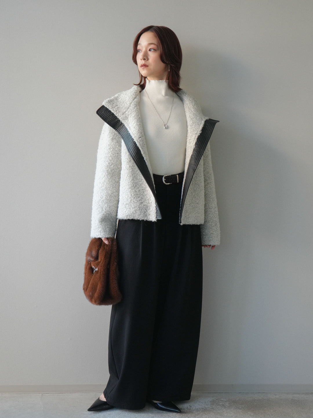 [SET]レザー切替ブークレブルゾン+袖ボタンボトルネックリブニットトップス+アニマル柄ベルト付きウールタッチワイドパンツ(3set)