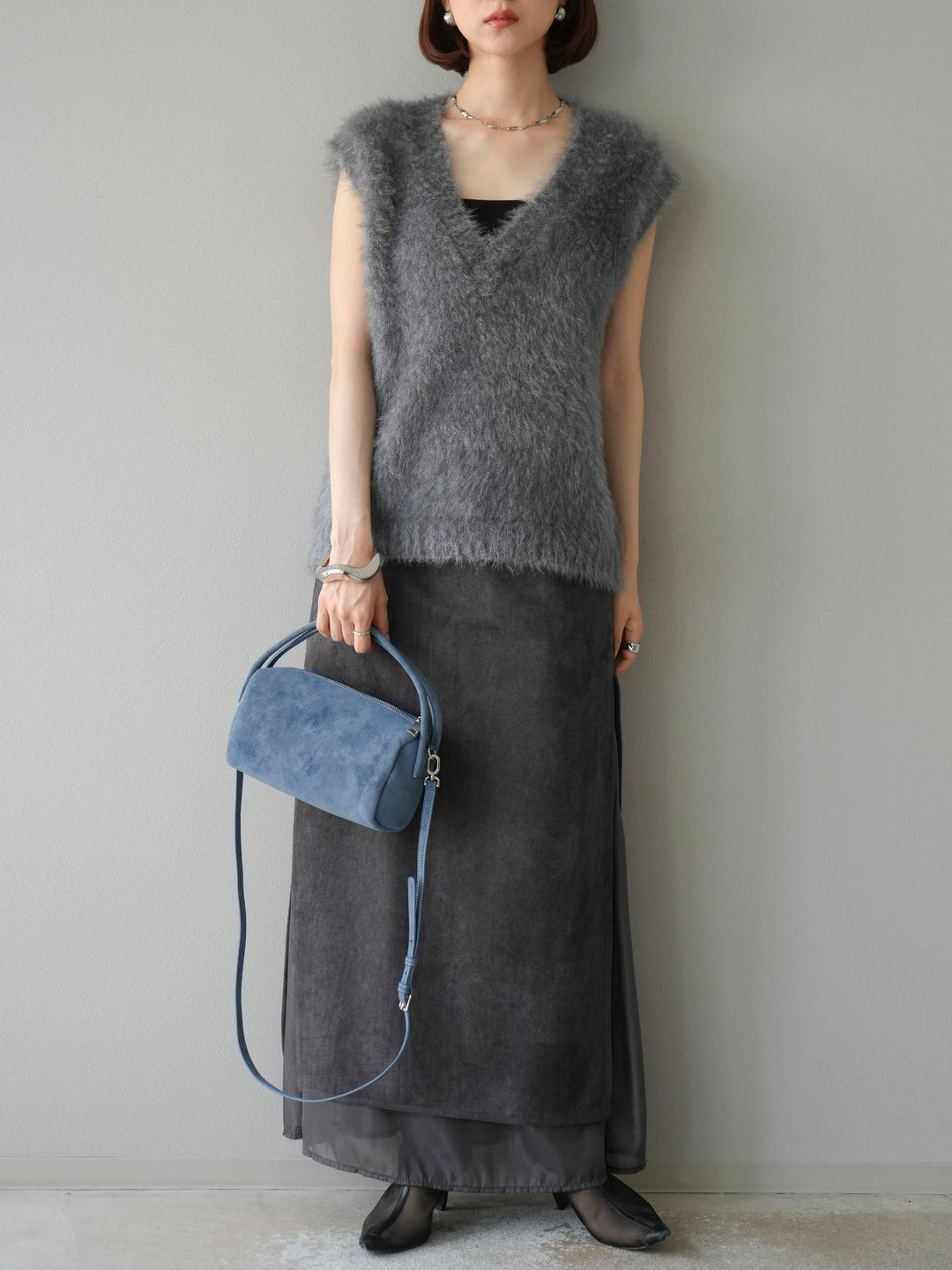 [予約]サイドスリットスウェードドッキングシフォンスカート/グレー