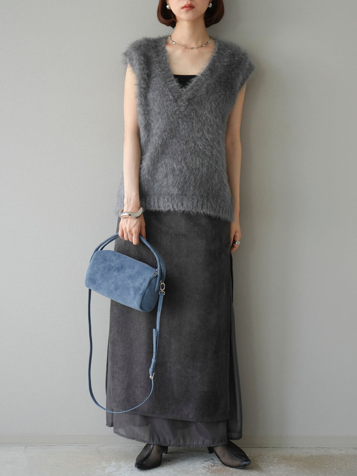 [予約]サイドスリットスウェードドッキングシフォンスカート/グレー