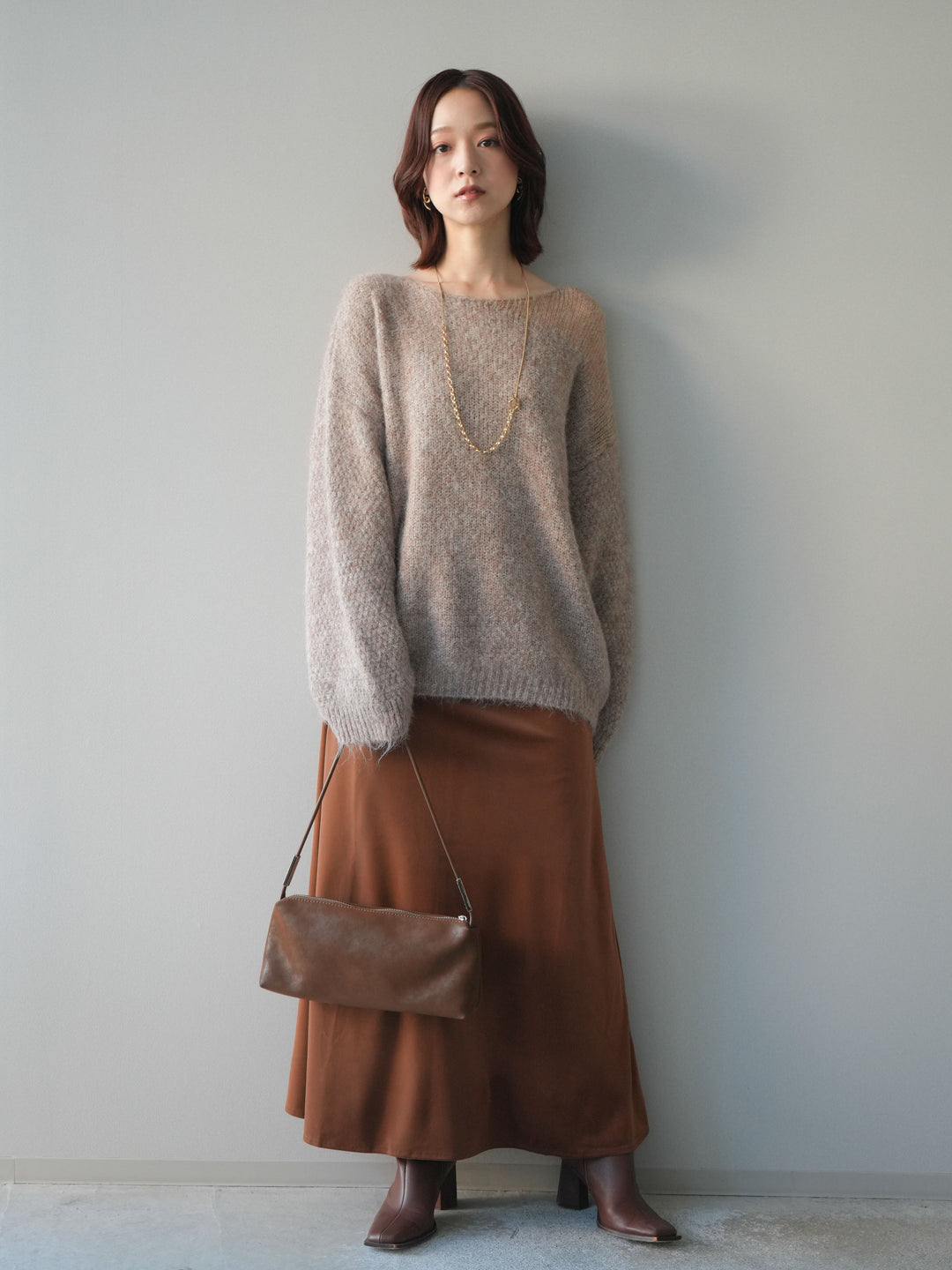 [SET]透かしデザインニットプルオーバー+ベルベットナロースカート(2set)