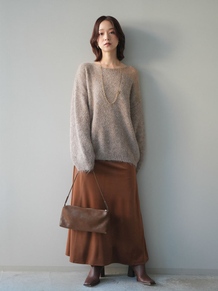 [SET]透かしデザインニットプルオーバー+ベルベットナロースカート(2set)