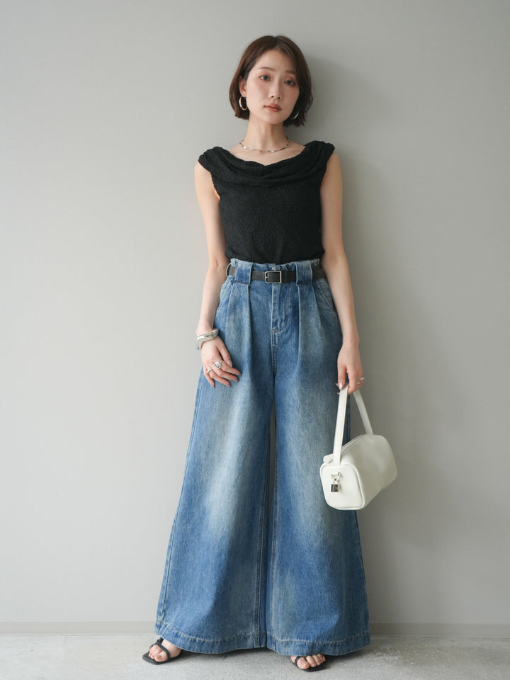 [予約]レースドレープネックアシメトップス/black