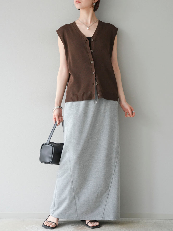 [SET]Vネックレーヨンニットベスト+スウェットロングスカート(2set)