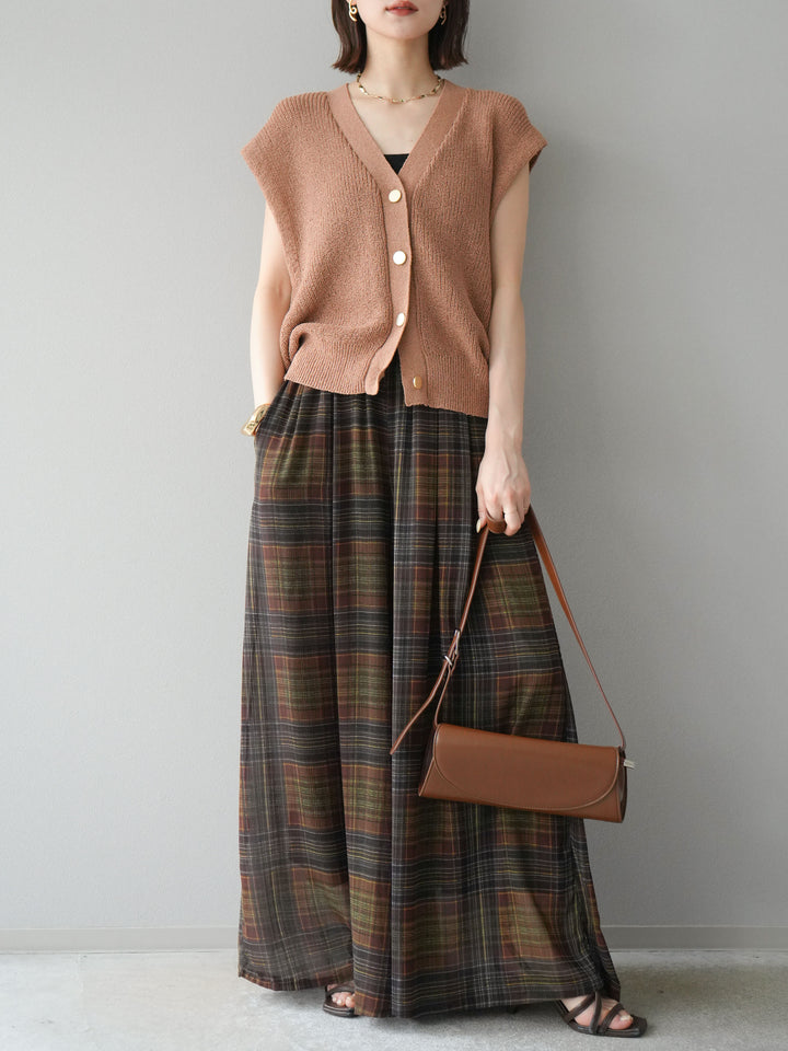 [預購] 透視格紋寬鬆褲/棕色