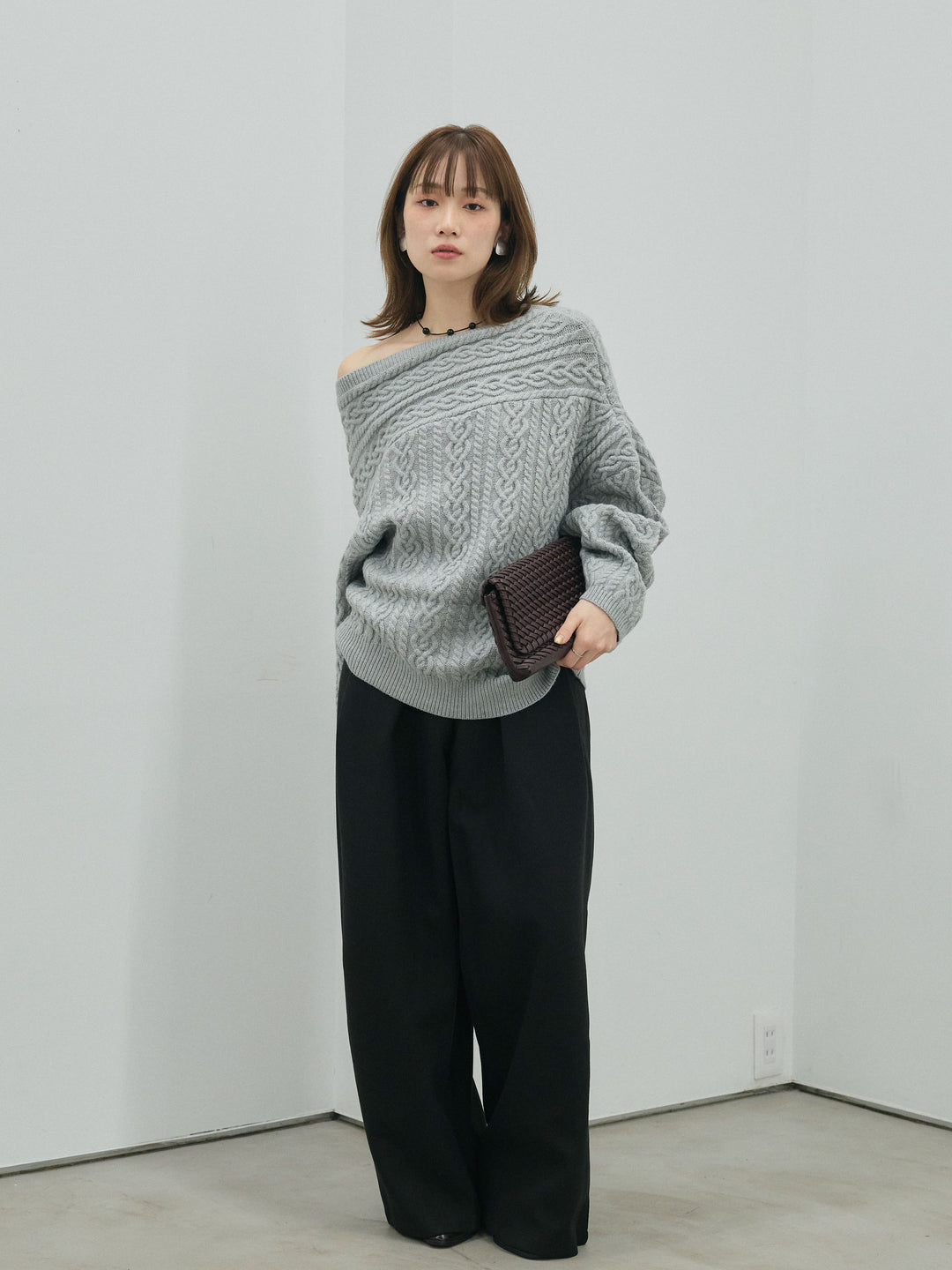 【Allure】[SET]ケーブルワンショルニットプルオーバー+ループデザインツイルワイドパンツ(2set)