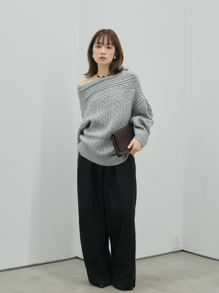 【Allure】[SET]ケーブルワンショルニットプルオーバー+ループデザインツイルワイドパンツ(2set)