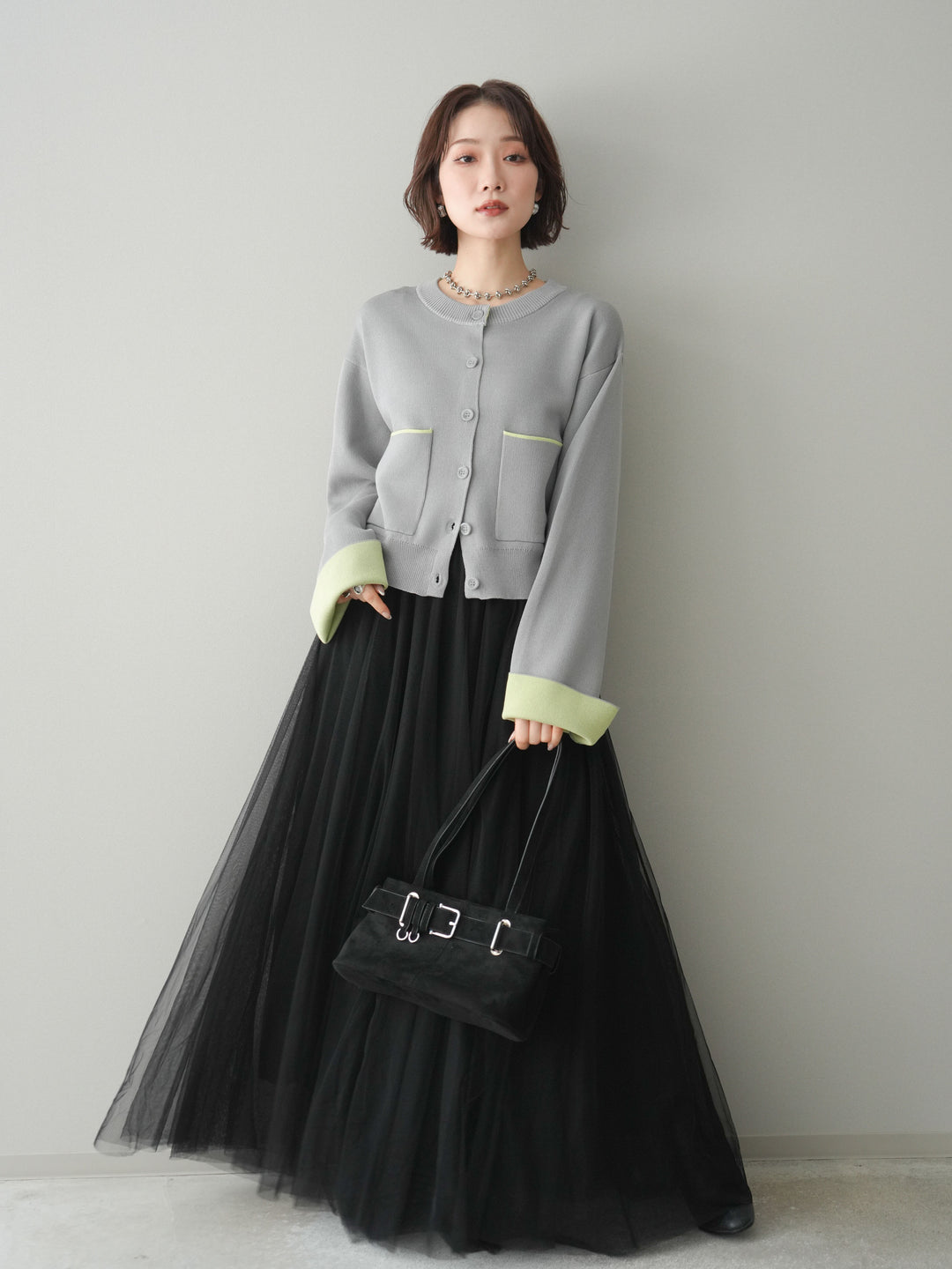 [SET]レーヨンポリダブルフェイスニットカーディガン+チュールボリュームスカート(2set)