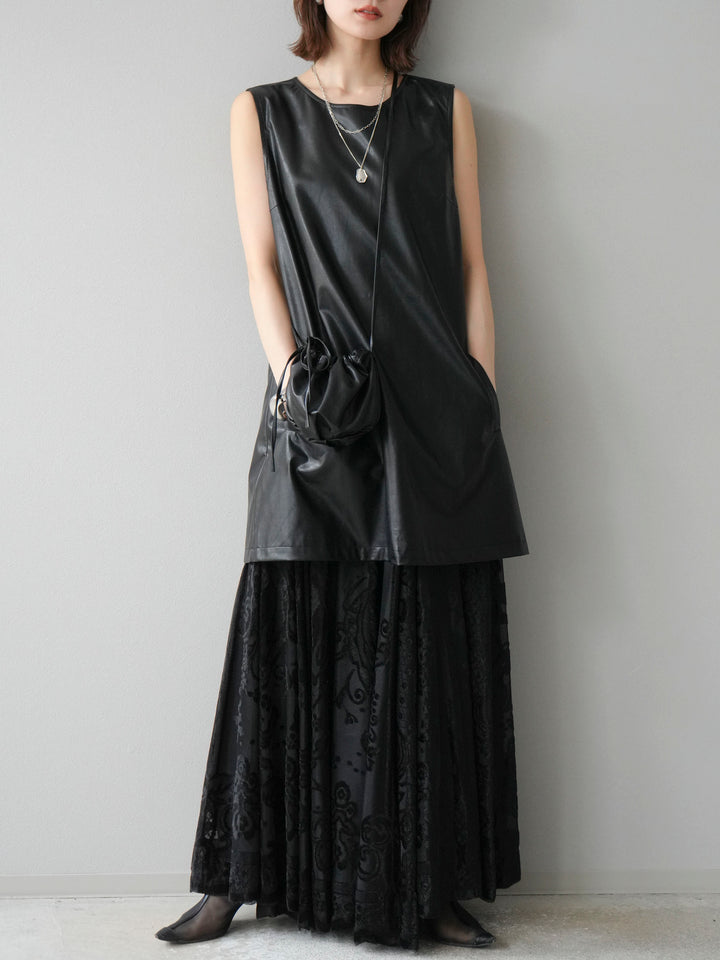 [予約]アンティーク柄フロッキーマキシスカート/ブラック