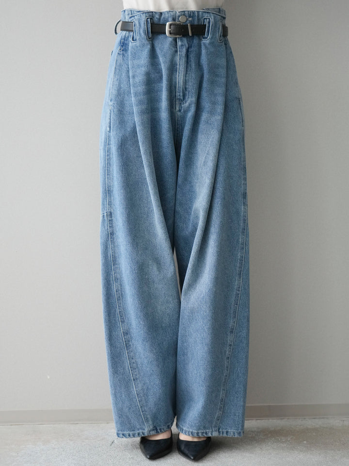 [予約]ハイウエストベルトループデザインデニムパンツ/blue