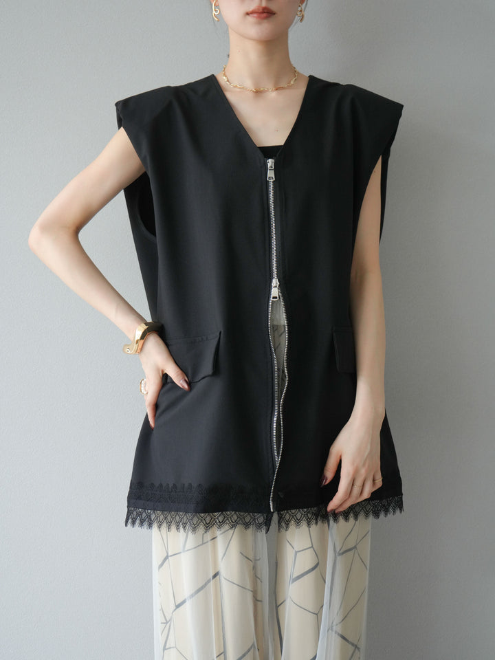 [預購] 雙拉鍊蕾絲下擺背心/黑色
