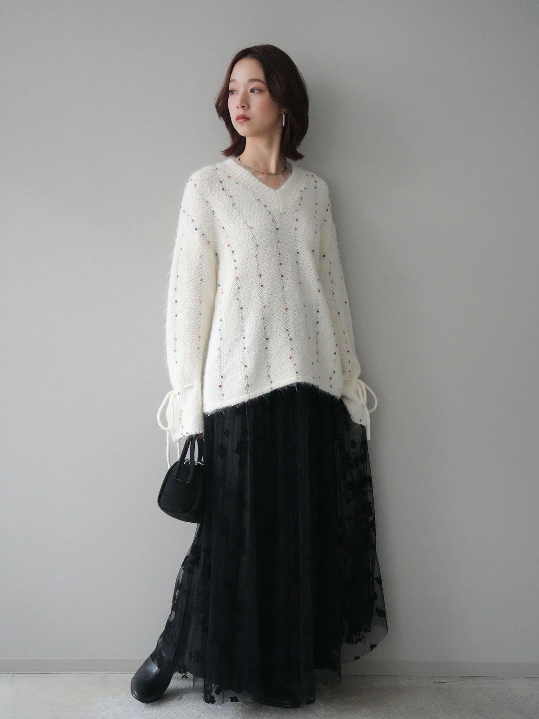 [予約]フラワーフロッキーチュールプリーツスカート/black