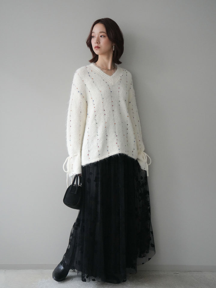 [予約]フラワーフロッキーチュールプリーツスカート/black