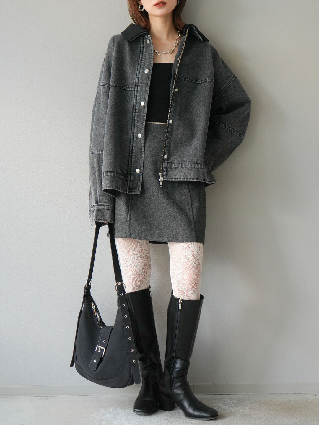 [予約]フェイクウールコクーンミニスカート/チャコール