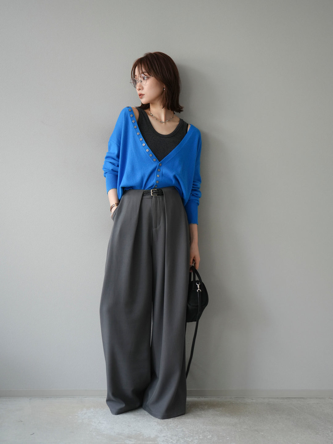 [予約]デザインボタンニットカーディガン＆タンクトップSET/ブルー