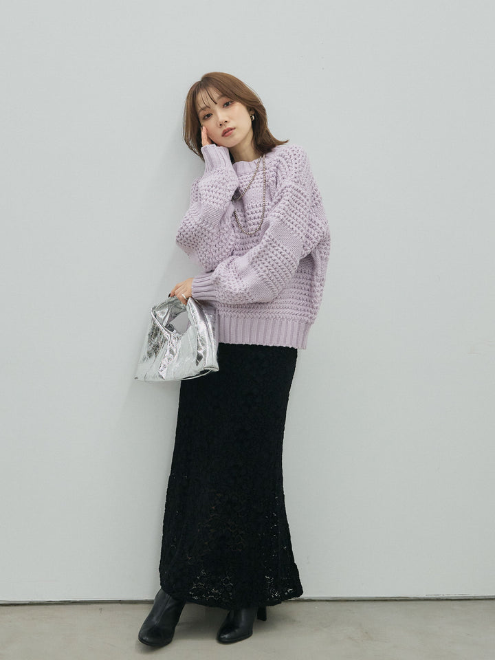 【Allure】[SET]ライン編みニットプルオーバー+起毛レースストレッチナロースカート(2set)