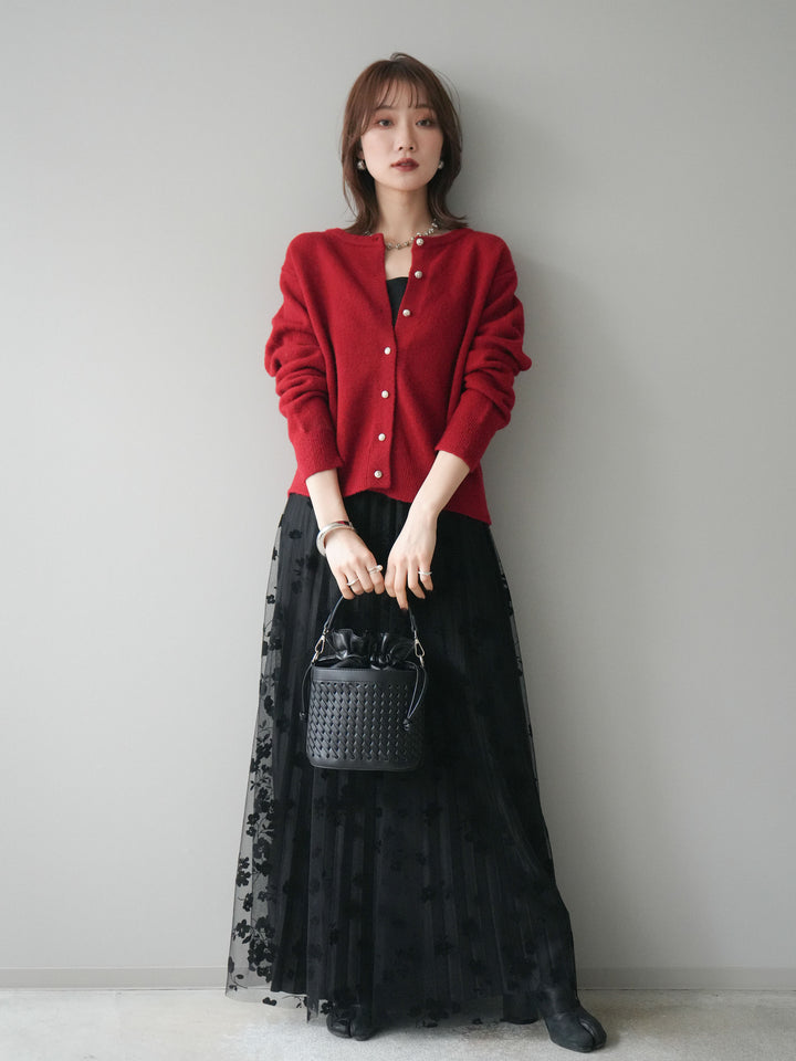 [SET]アンティークボタンニットカーディガン+フラワーフロッキーチュールプリーツスカート(2set)