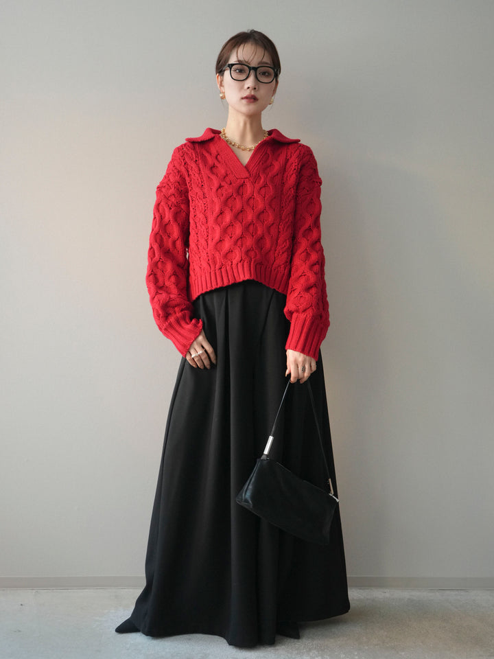 [SET]バルキーケーブルクロップド開襟プルオーバー+テープベルトタックバギーパンツ(2set)