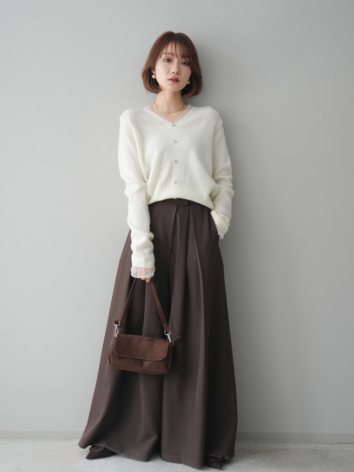 [SET]ドットチュールレイヤードボタンニットトップス+テープベルトタックバギーパンツ(2set)