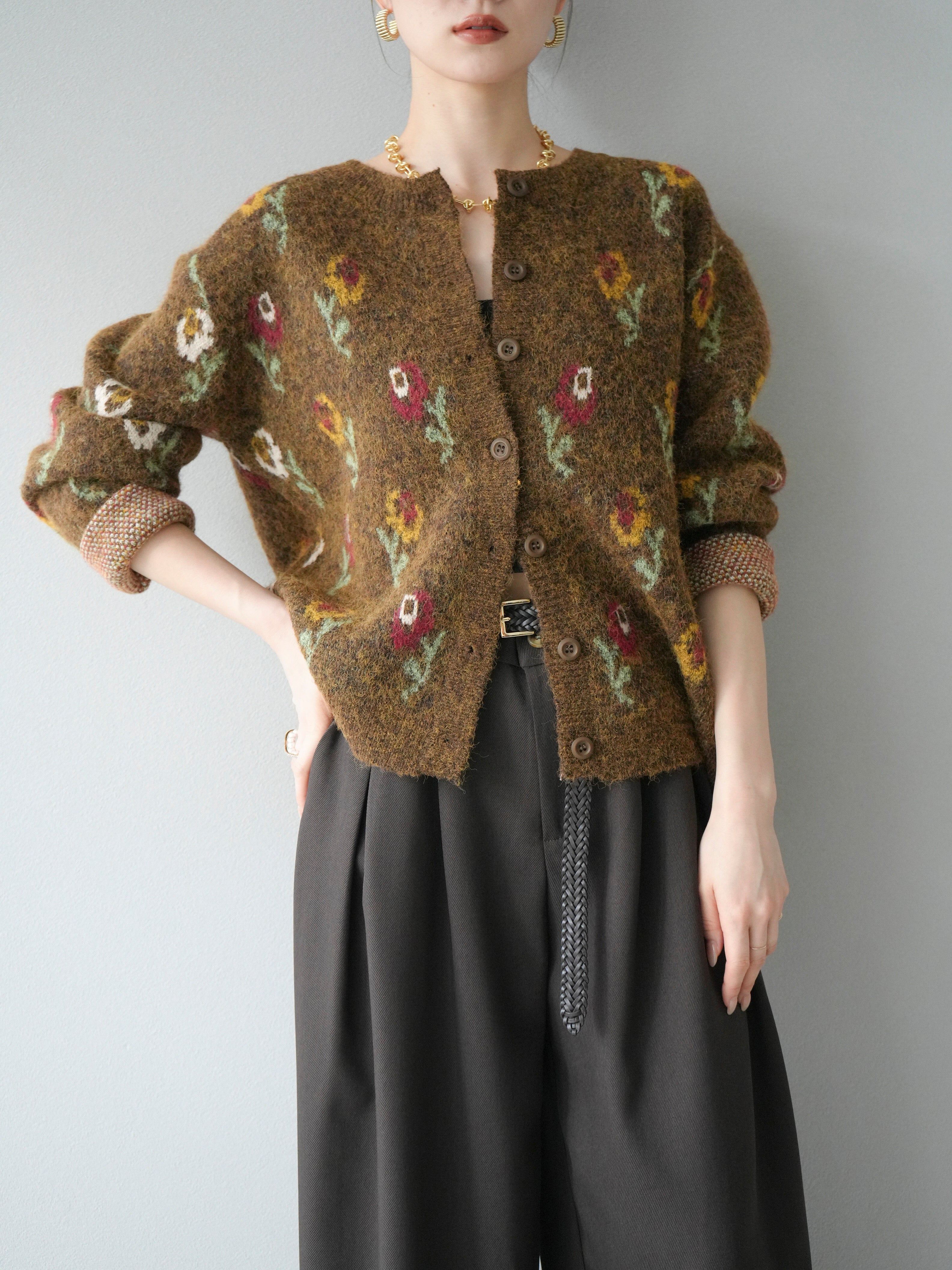 【美品】45rpmカーディガン　ブラウン ウール100%サイズ2 大きいサイズ】ペプラムニットカーディガン(カーディガン