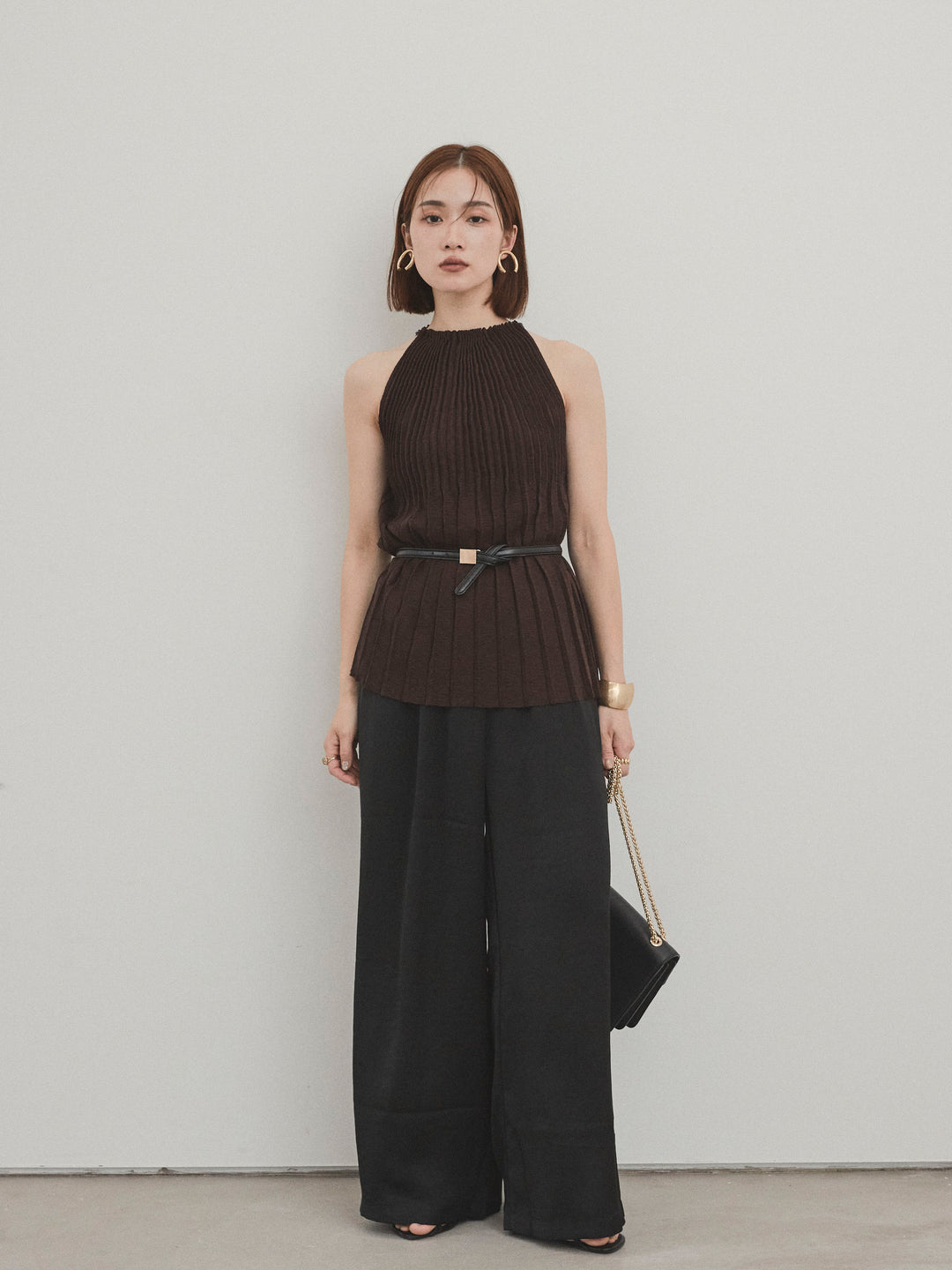 [SET]プリーツニットキャミソール+サテンイージーパンツ(2set)