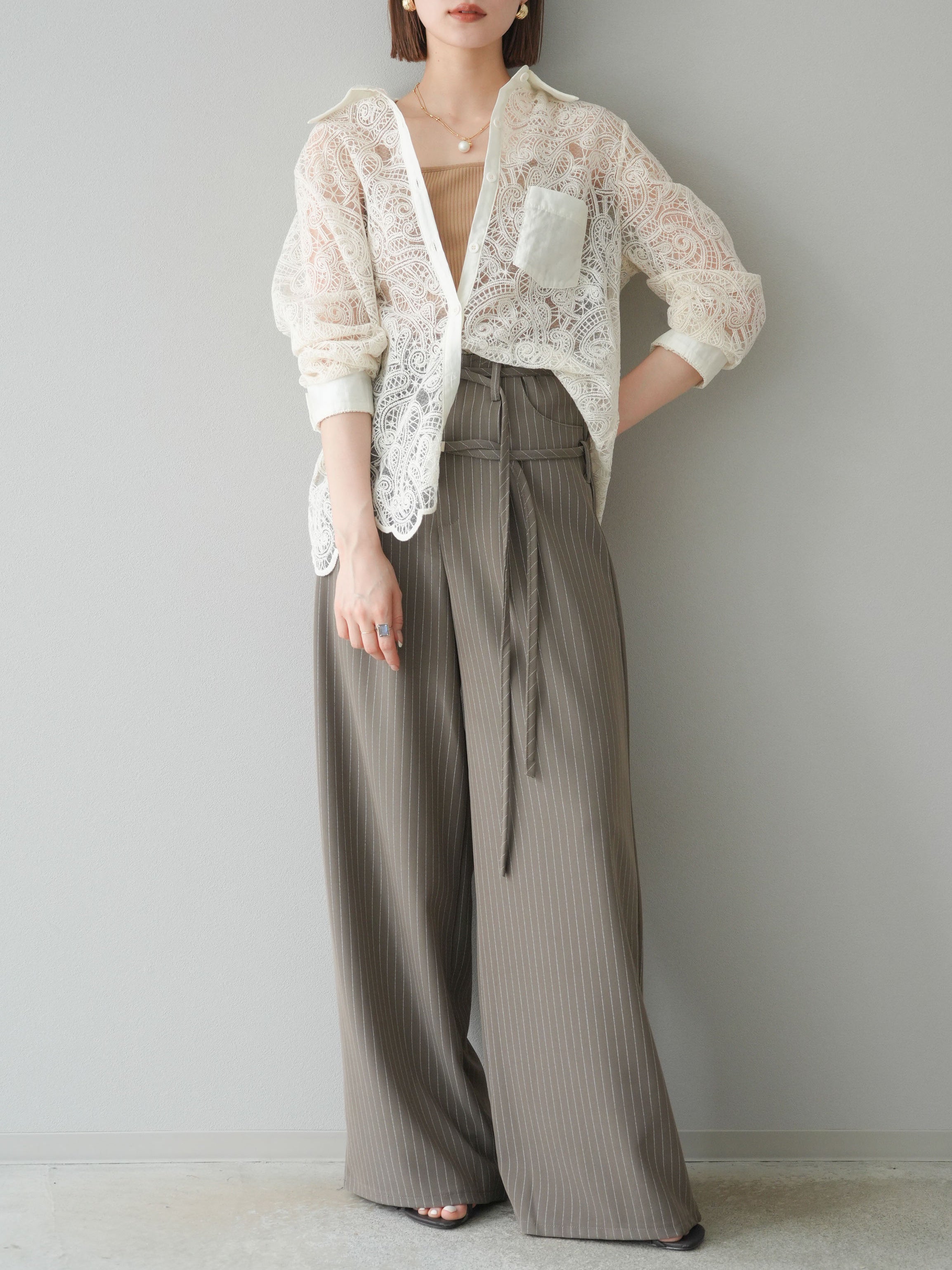 予約]ダブルベルトストライプワイドパンツ/ベージュ – Lumier