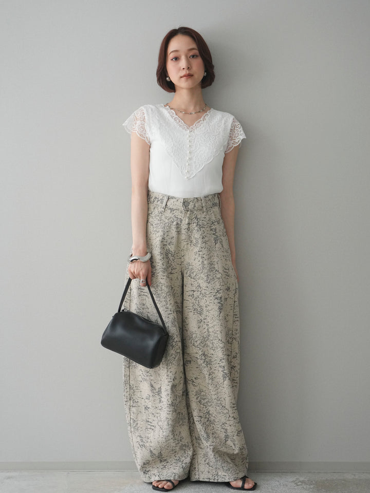 [予約]パールボタンレース切替ニットトップス/white