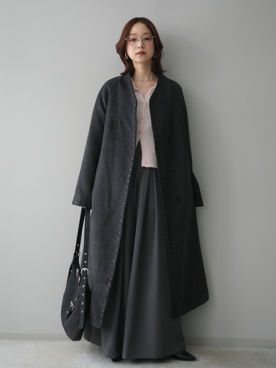 [SET]ハンドステッチ裏中綿ロングコート+テープベルトタックバギーパンツ(2set)