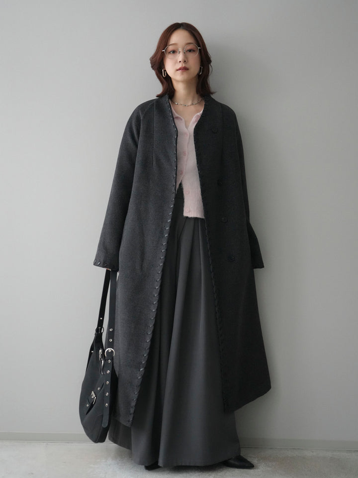 [SET]ハンドステッチ裏中綿ロングコート+テープベルトタックバギーパンツ(2set)