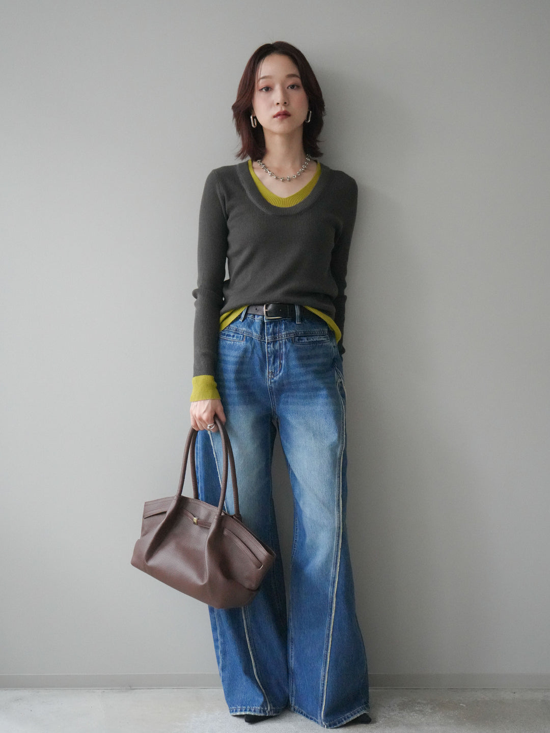 [SET]Uネック配色レイヤードリブニットトップス+サイドフリンジワイドデニムパンツ(2set)