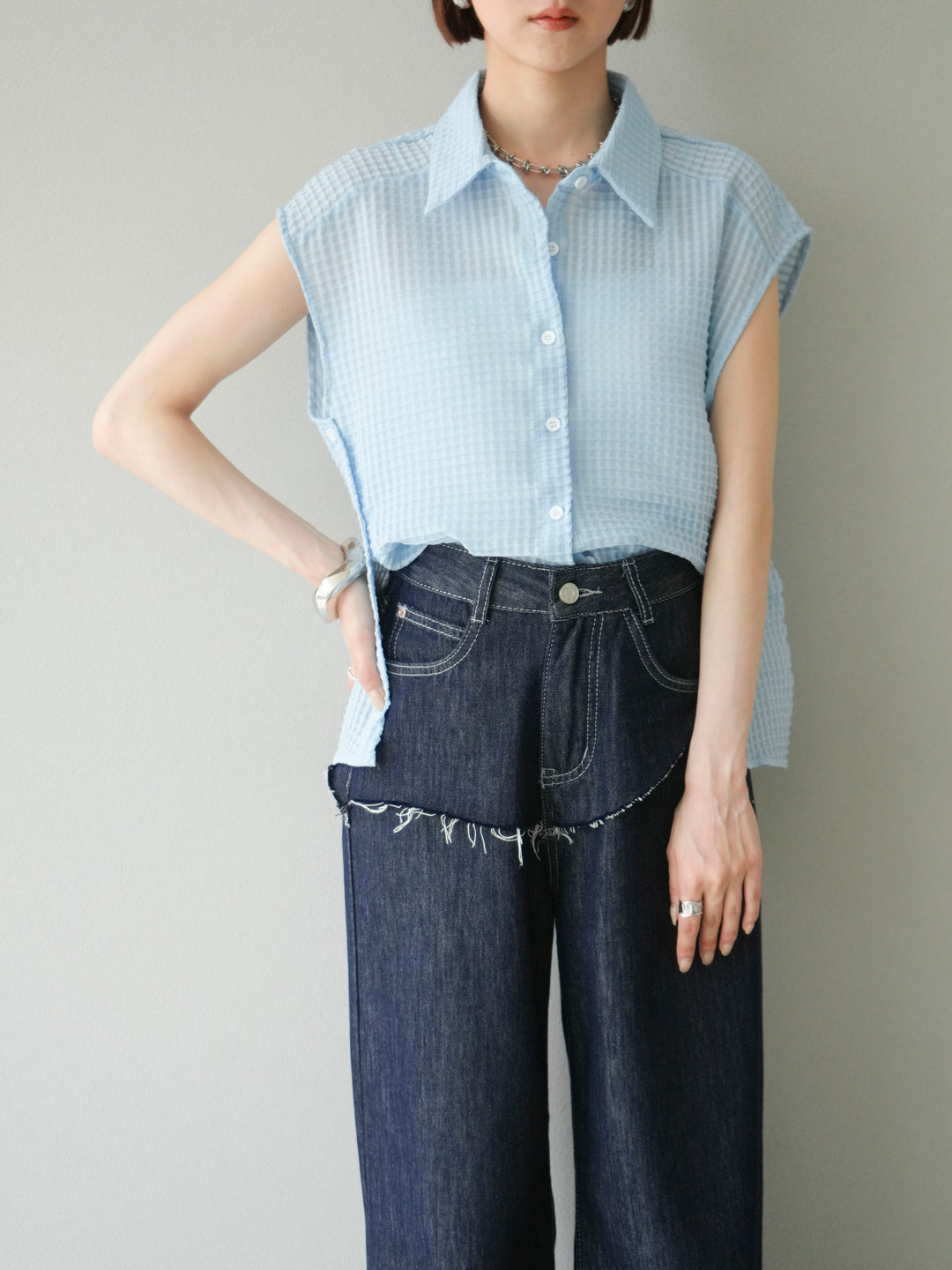 [予約]シアーチェックノースリーブシャツ/ライトブルー