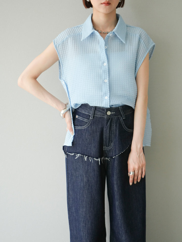 [予約]シアーチェックノースリーブシャツ/ライトブルー