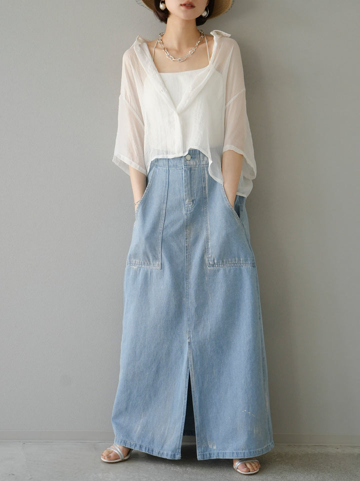 [Pre-order] Foil Print Denim Skirt/Light Blue